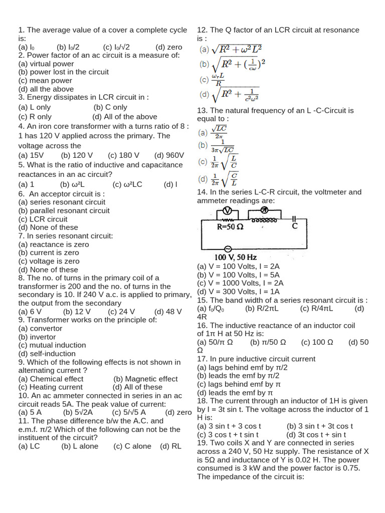 Alternating Current Mcqs Pdf Inductance Inductor
