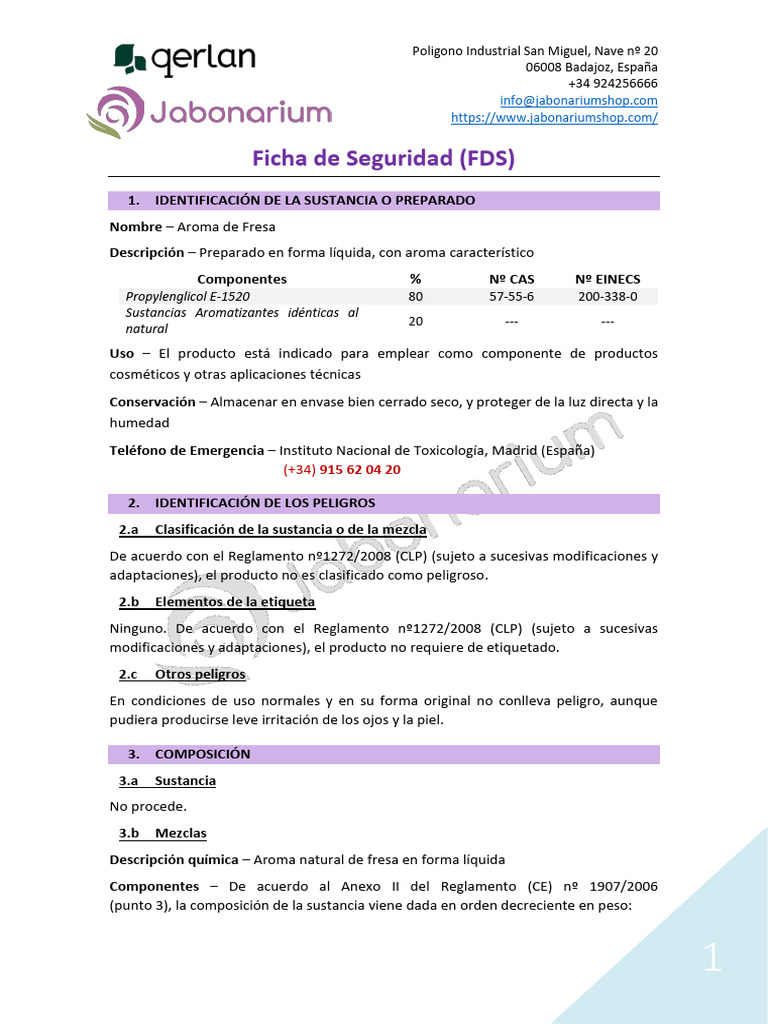 Ficha de Seguridad Fds Aroma de Fresa | PDF | Residuos | Toxicología