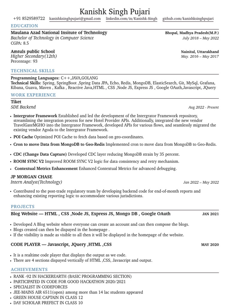 Kanishk Singh Pujari: Tech Profile | PDF | Java Script | Computer Science