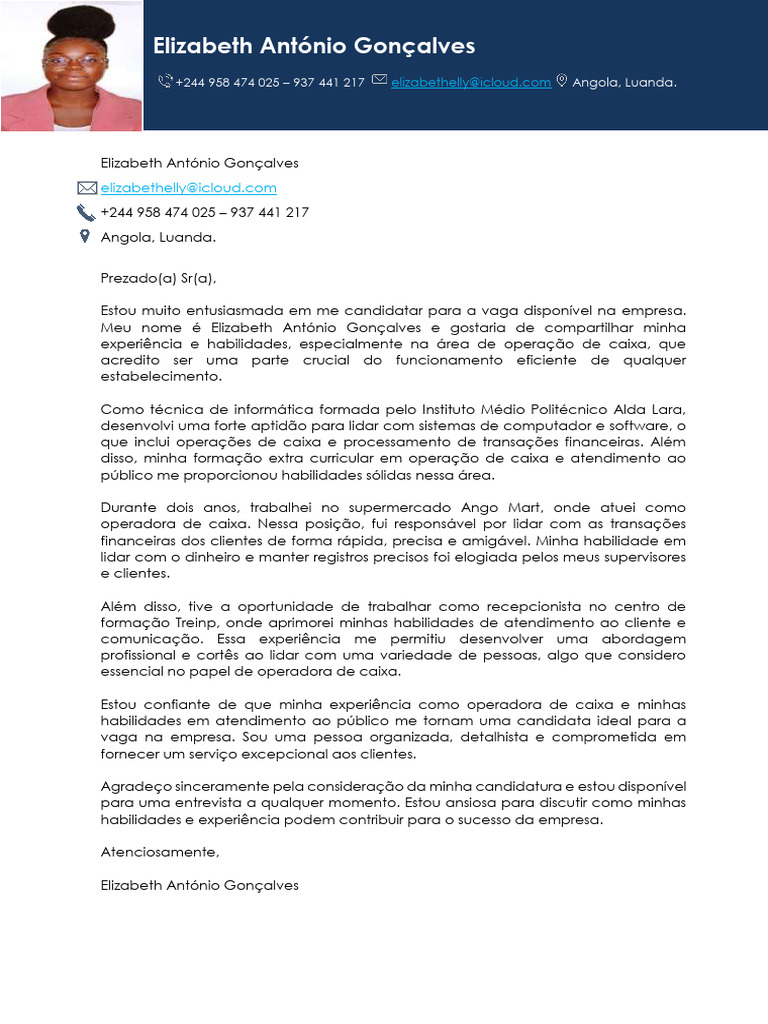Carta De Apresentação E Cv Elizabeth António Gonçalves 5 Pdf