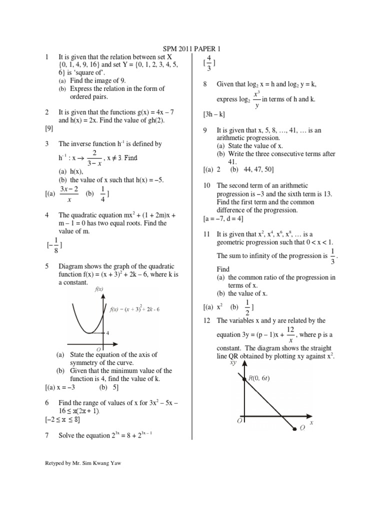 SPM 2011 PAPER 1  Cartesian Coordinate System  Quadratic 