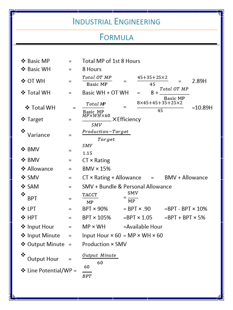 Industrial Engineering Formula (SOL | PDF | Business | Economies