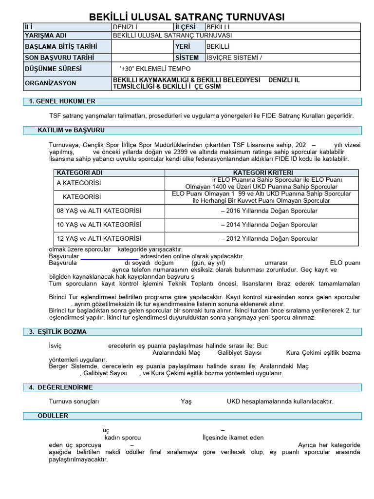 Bekll Ulusal Satran Turnuvasi | PDF