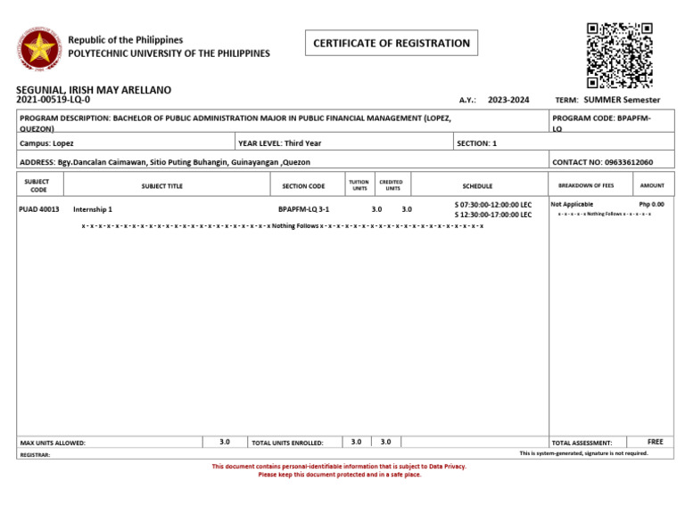 PUP Certificate of Registration 2023-2024 | PDF