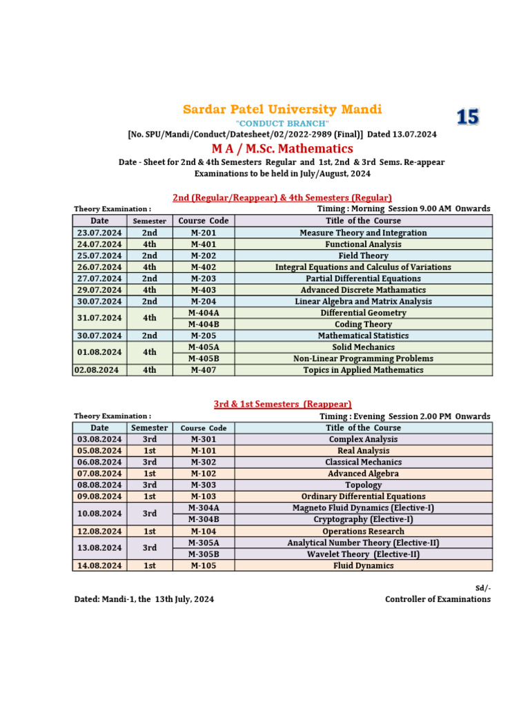 Final Date-Sheet of MA - M.sc. Mathematics For ESE July - Aug., 2024 ...