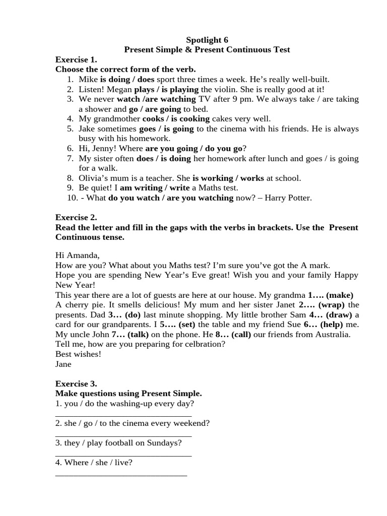 Spotlight 6 present simple and present continuous test pdf