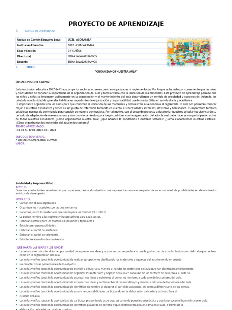 Proyecto de Aprendizaje Abril 01 Al12-2024 | PDF | Aprendizaje | Salón ...
