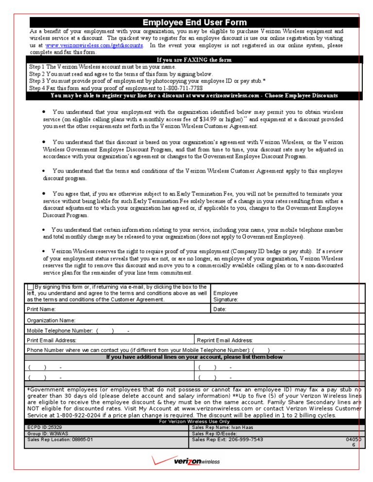 Verizon Employee Personal Discount Form WWU PDF Verizon
