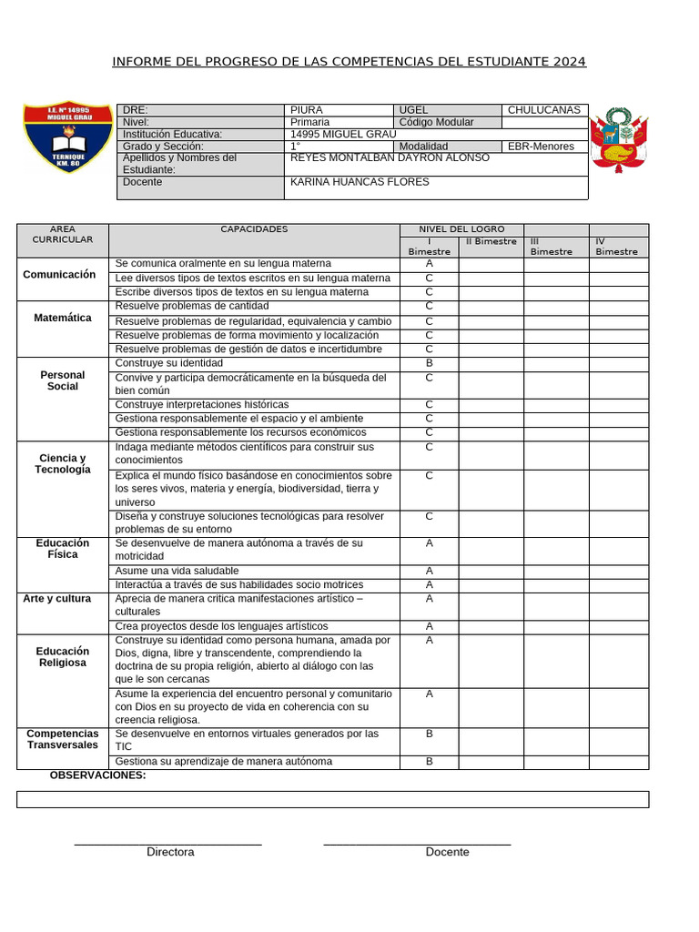Informe de Progreso Estudiantil 2024 | PDF | Cognición | Aprendizaje