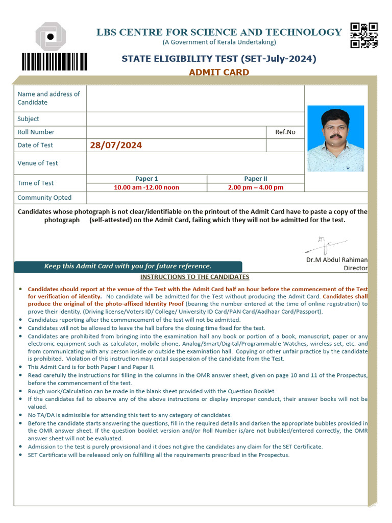 SET July 2024 Admit Card Instructions | PDF