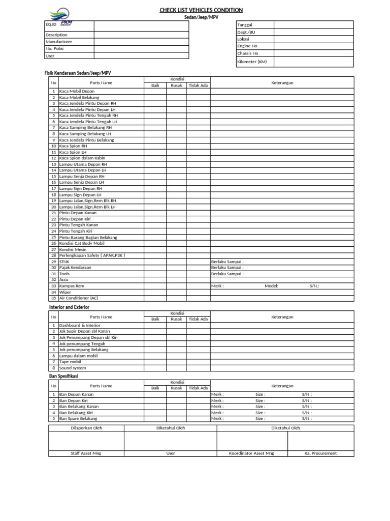 Daftar Cek Kondisi Kendaraan Lengkap | PDF