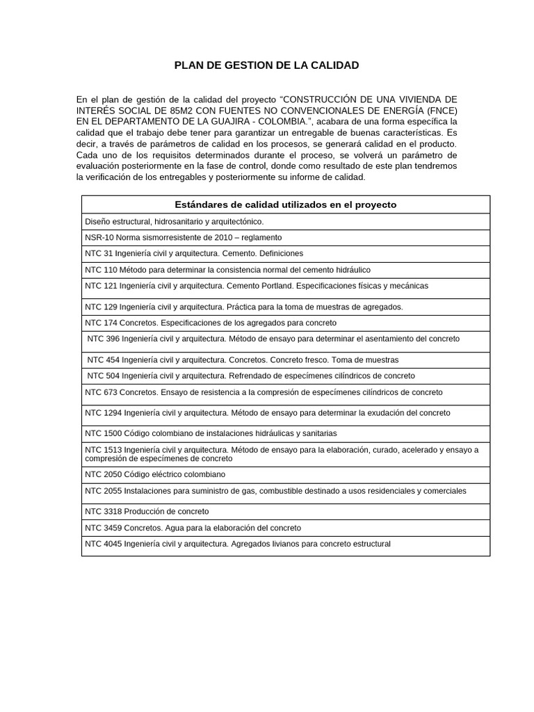 Plan De Gestion De La Calidad Pdf Hormigón Ingeniería
