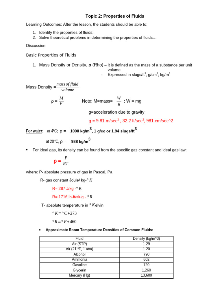 Fluid Properties and Densities Explained | PDF | Viscosity | Density