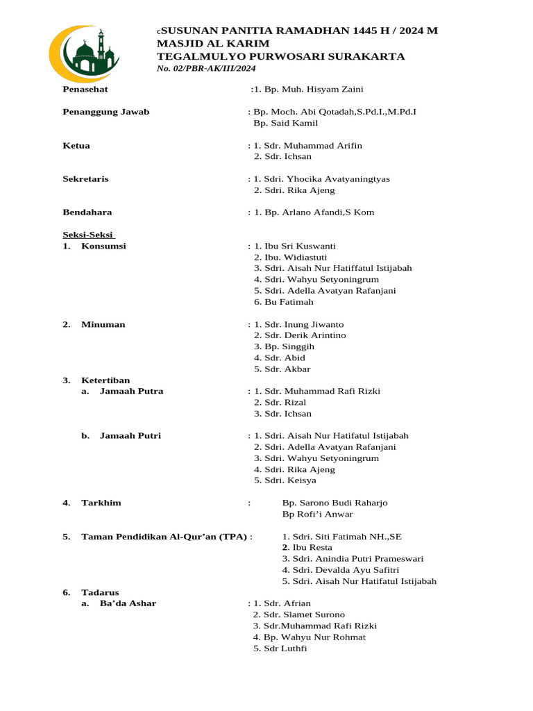 Susunan Panitia Ramadhan 1455H 2024 | PDF