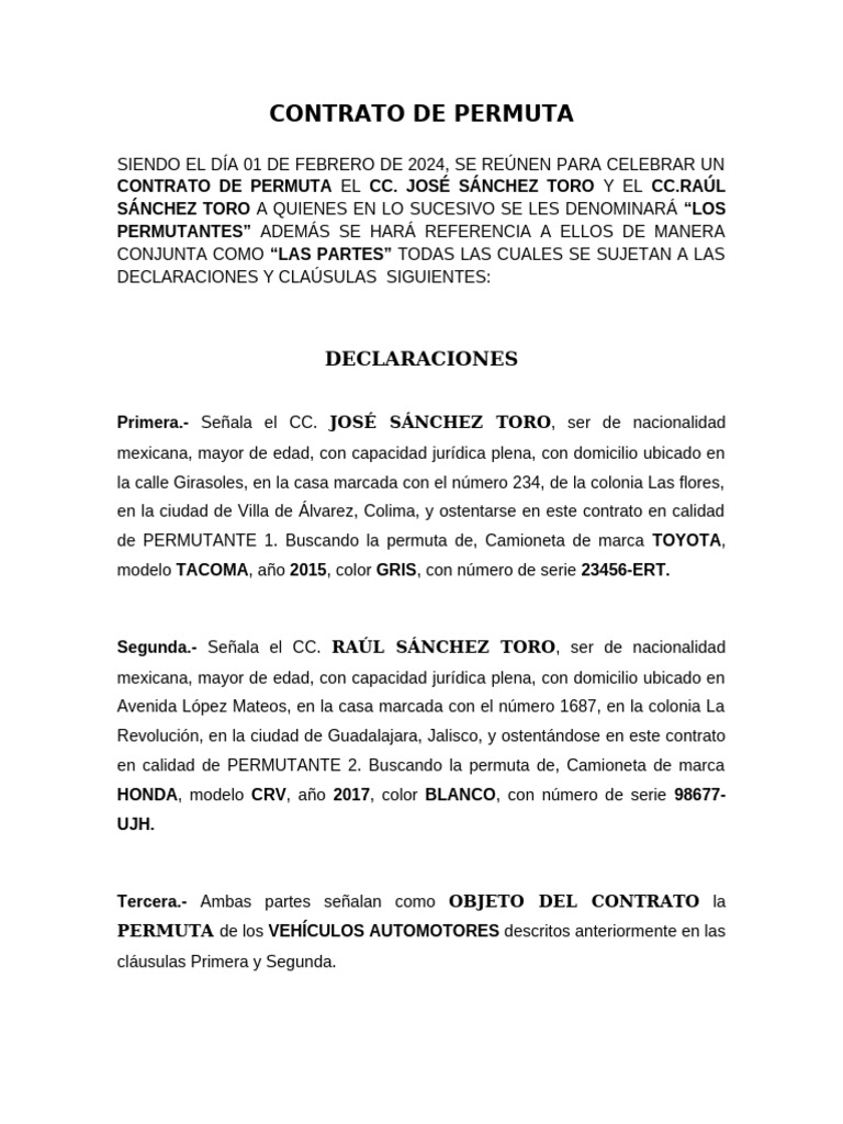 Contrato de Permuta de Vehículos 2024 | PDF | Derecho
