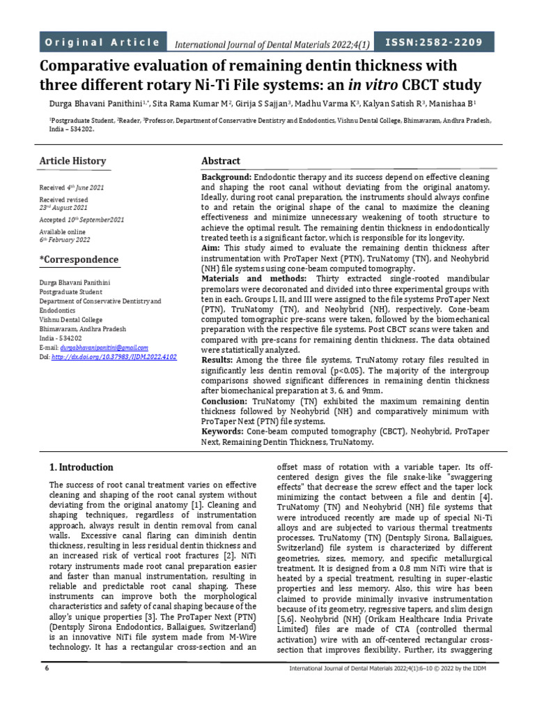 Dentin Thickness with Ni-Ti File Systems | PDF | Dental Anatomy ...