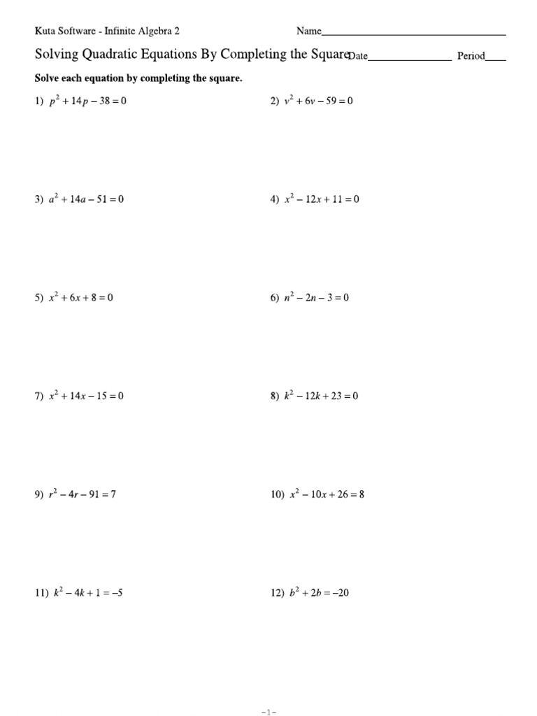 Completing The Square Method Worksheet | PDF