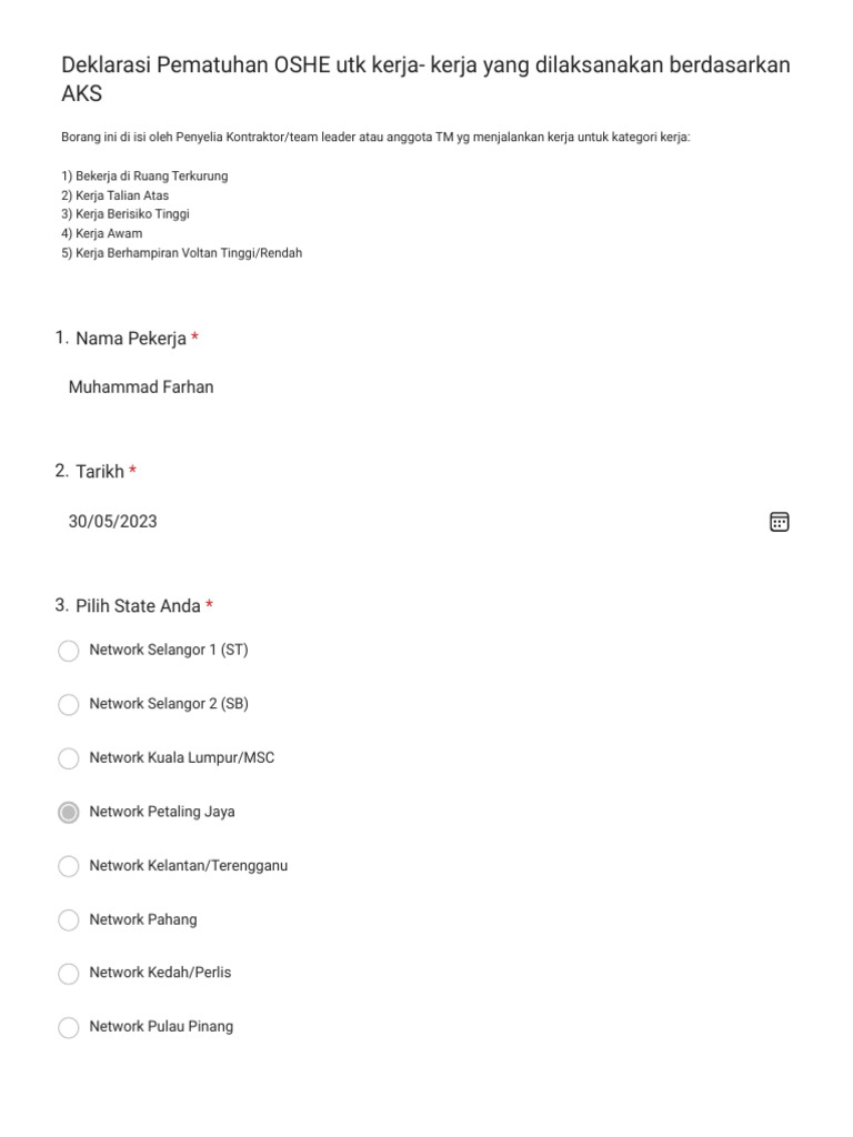 Deklarasi Pematuhan OSHE Utk Kerja - Kerja Yang Dilaksanakan ...