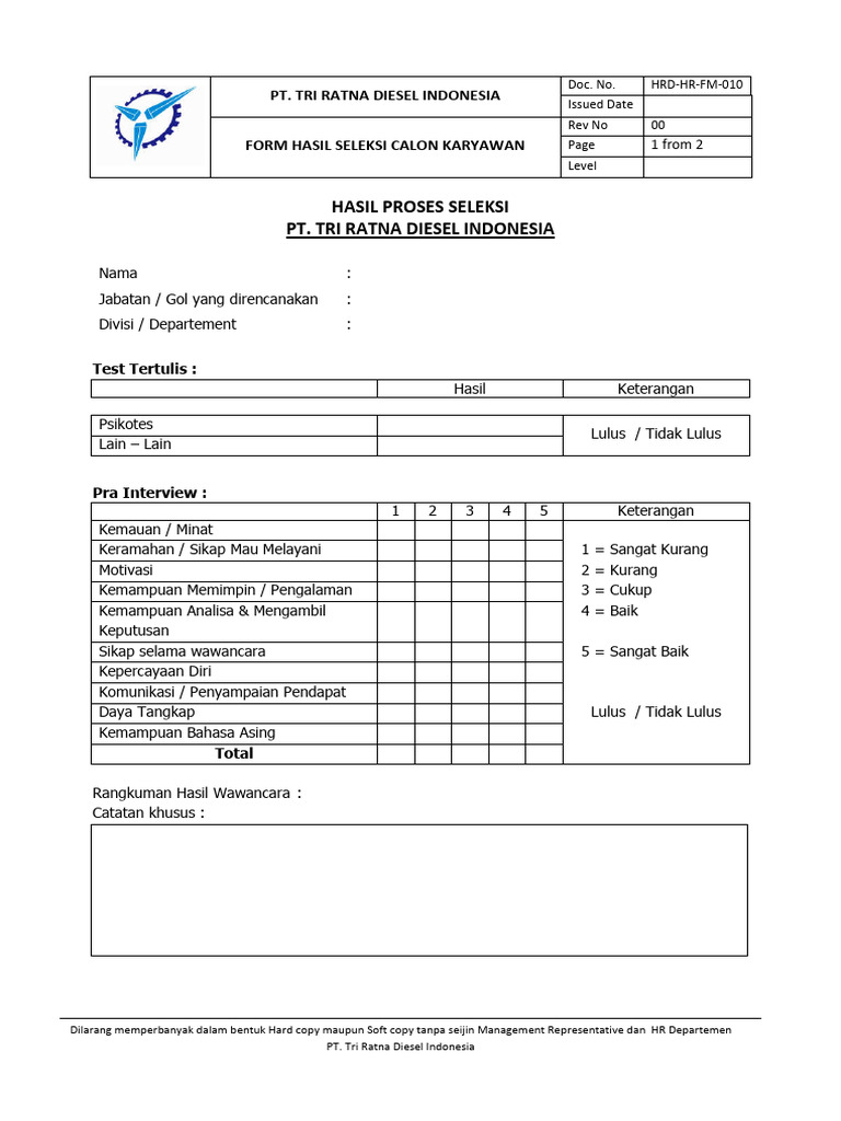 Form Hasil Seleksi Karyawan | PDF