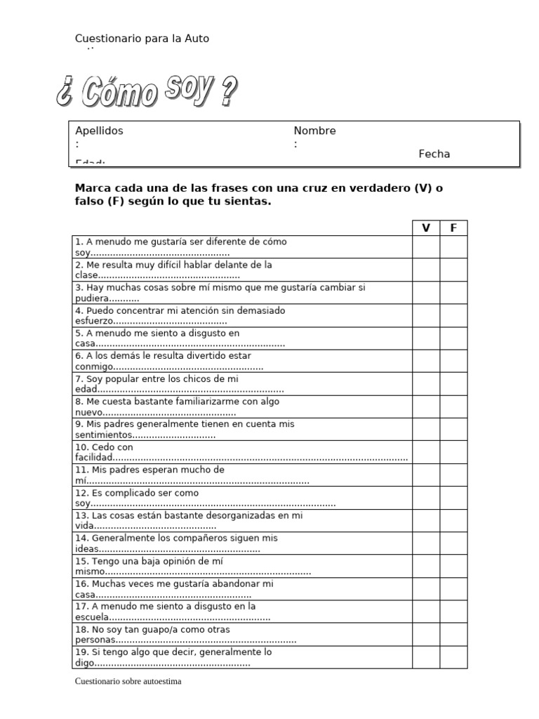 Cuestionario de Autoestima para Estudiantes | PDF | Autoestima