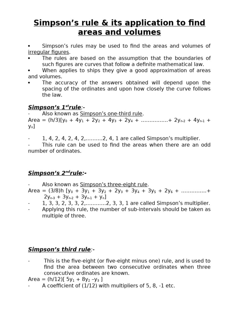 Simpson's Rule for Area and Volume Calculations | PDF | Area | Ships