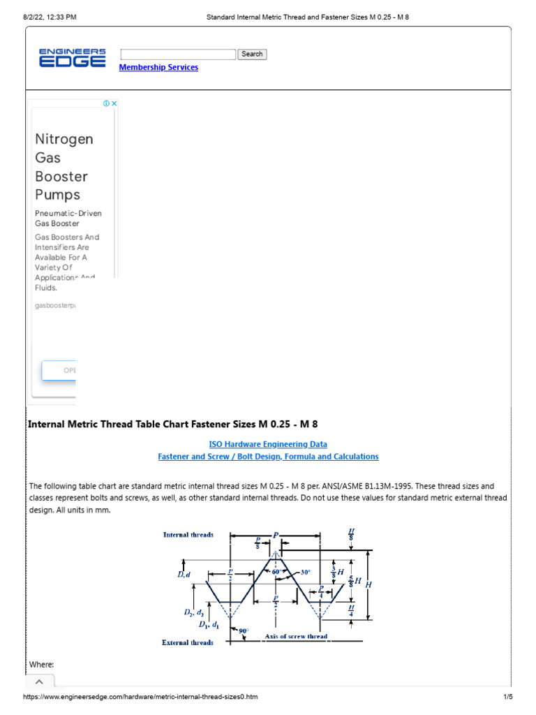 Metric Internal Thread Sizes M0.25-M8 | PDF | Screw | Mechanical ...