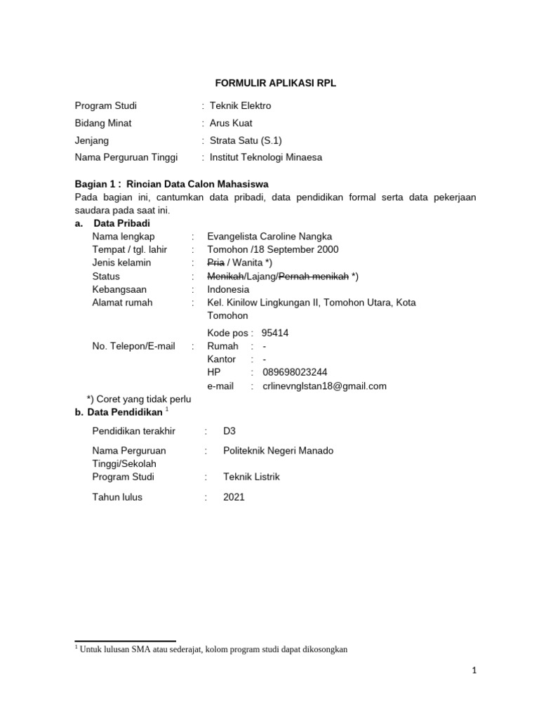 Formulir RPL Teknik Elektro S1 | PDF