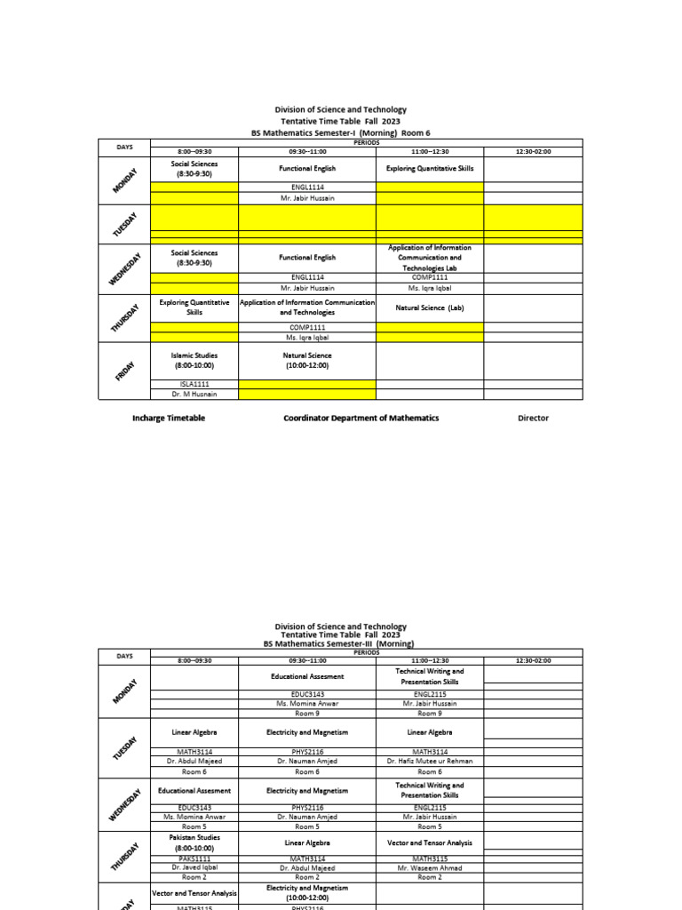1 - Morning Mathematics Time Table Fall 2023 | PDF | Mathematical ...