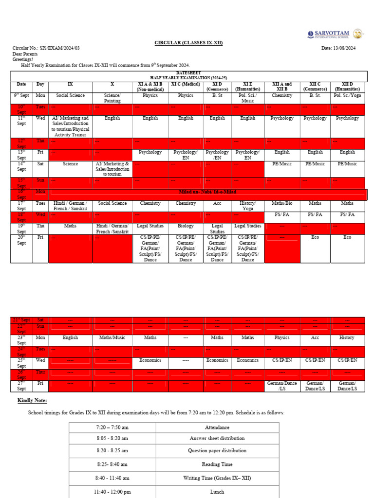 Circular Datesheet Half Yearly Classes IX-XII 2024 | PDF | Science
