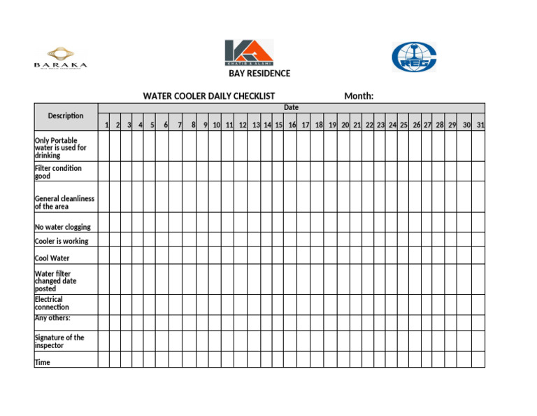 Daily Water Cooler Inspection Checklist | PDF | Cooking, Food & Wine