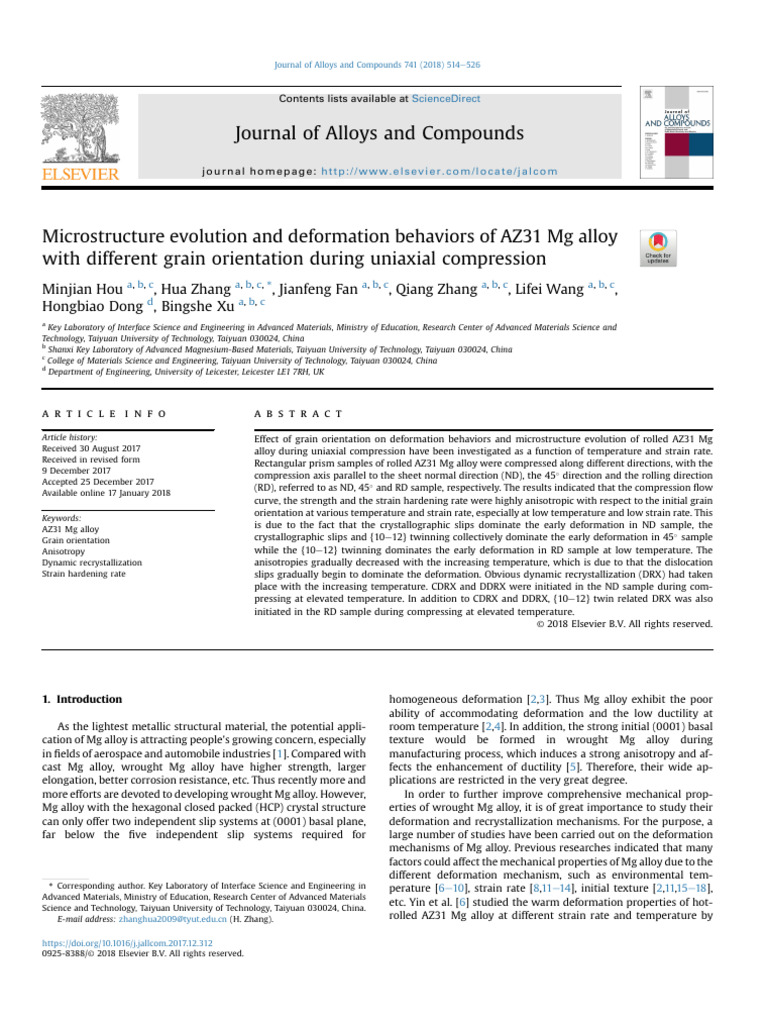 Microstructure Evolution and Deformation Behaviors of AZ31 MG Alloy ...