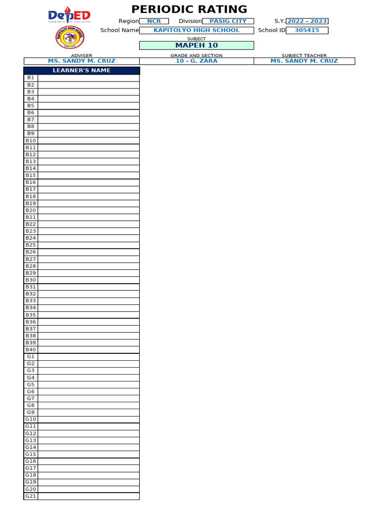 Class record vs3 0 mapeh with conso for reading pdf global