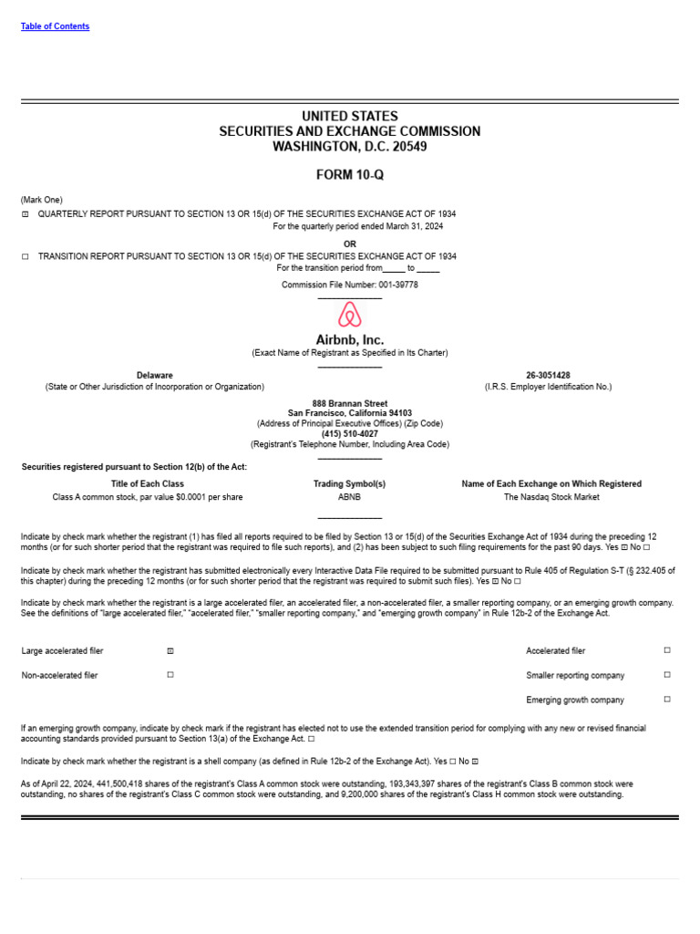 Sec Filing Airbnb 2024 Q1 | PDF | Equity (Finance) | Financial Statement