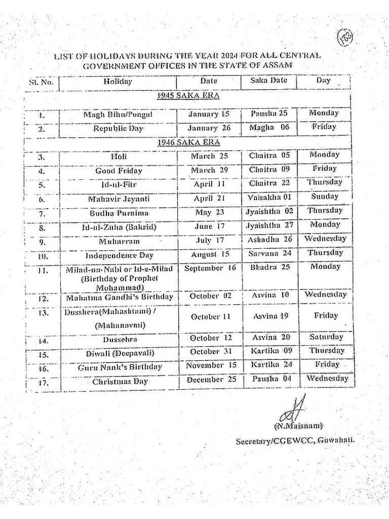 Holiday List 2024 PDF