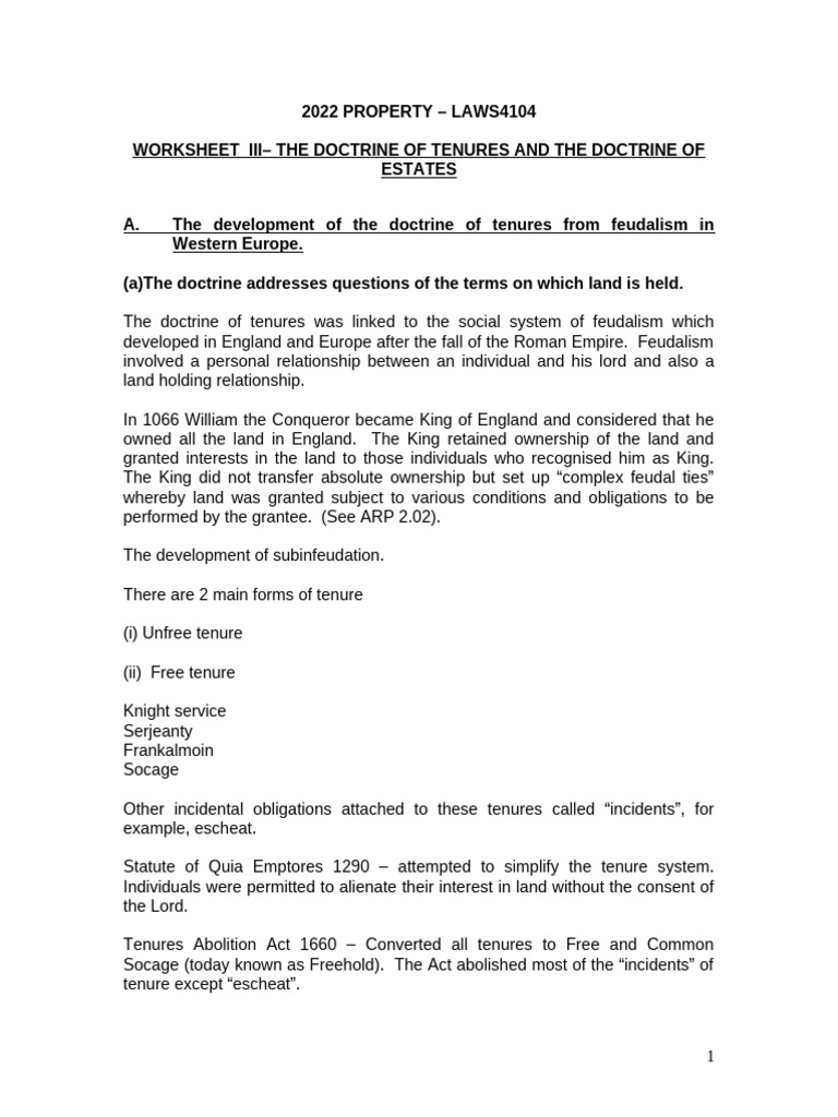 Worksheet iii the doctrine of tenures and doctrine of estates pdf