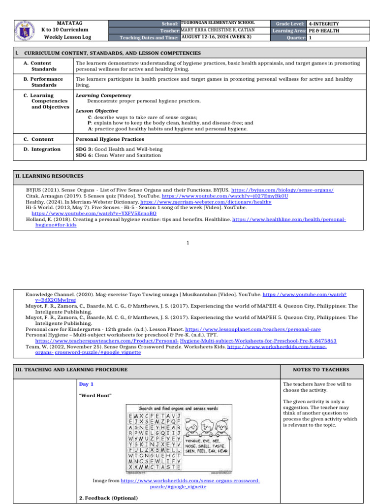 DLL Matatag - Pe & Health 4 Q1 W3 | PDF | Senses | Taste