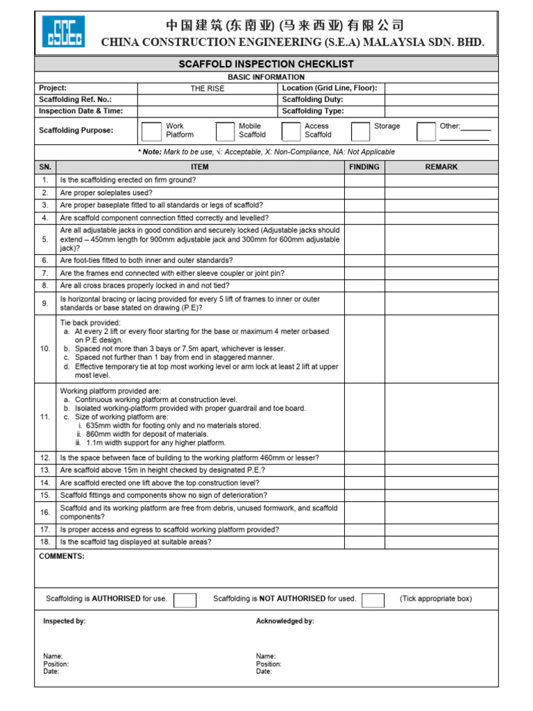 Scaffolding Inspection Checklist Guide | PDF | Scaffolding