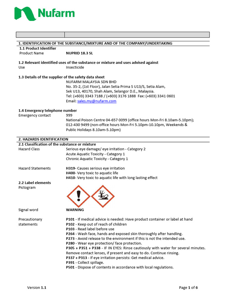 NUPRID 18.3 SL Insecticide Safety Data | PDF | Personal Protective ...
