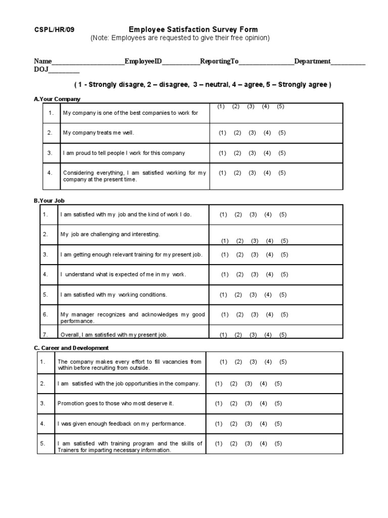 Employee Satisfaction Survey Form | PDF | Job Satisfaction | Employment