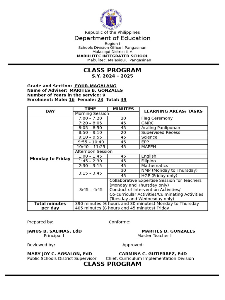 Class program for grade 4 6 2024 2025 pdf