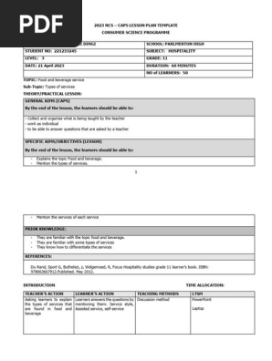 HOSPITALITY LESSON PLAN