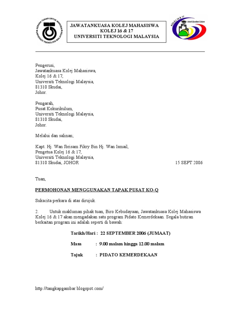 contoh surat permohonan tempat