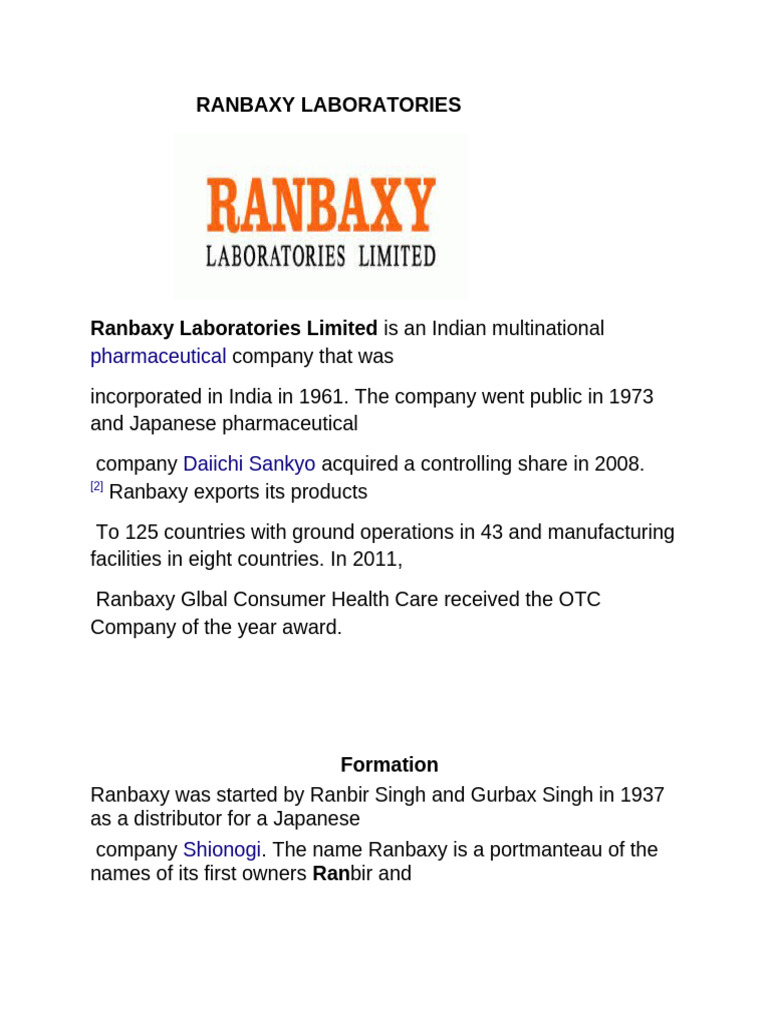 Ranbaxy Laboratories | PDF | Pharmacology | Pharmaceutical Industry
