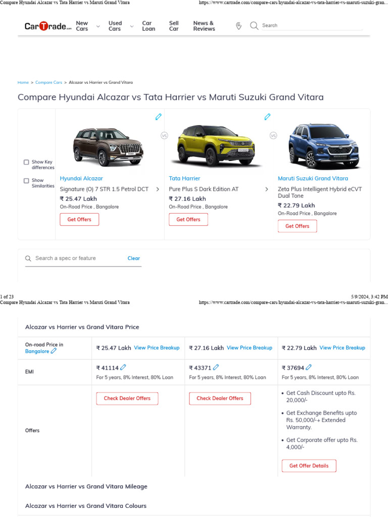 Compare Hyundai Alcazar Vs Tata Harrier Vs Maruti Grand Vitara - 1 ...