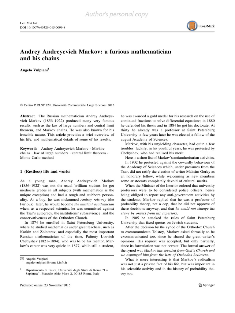 Andrey Andreyevich Markov A Furious Mathematician and His Chains ...