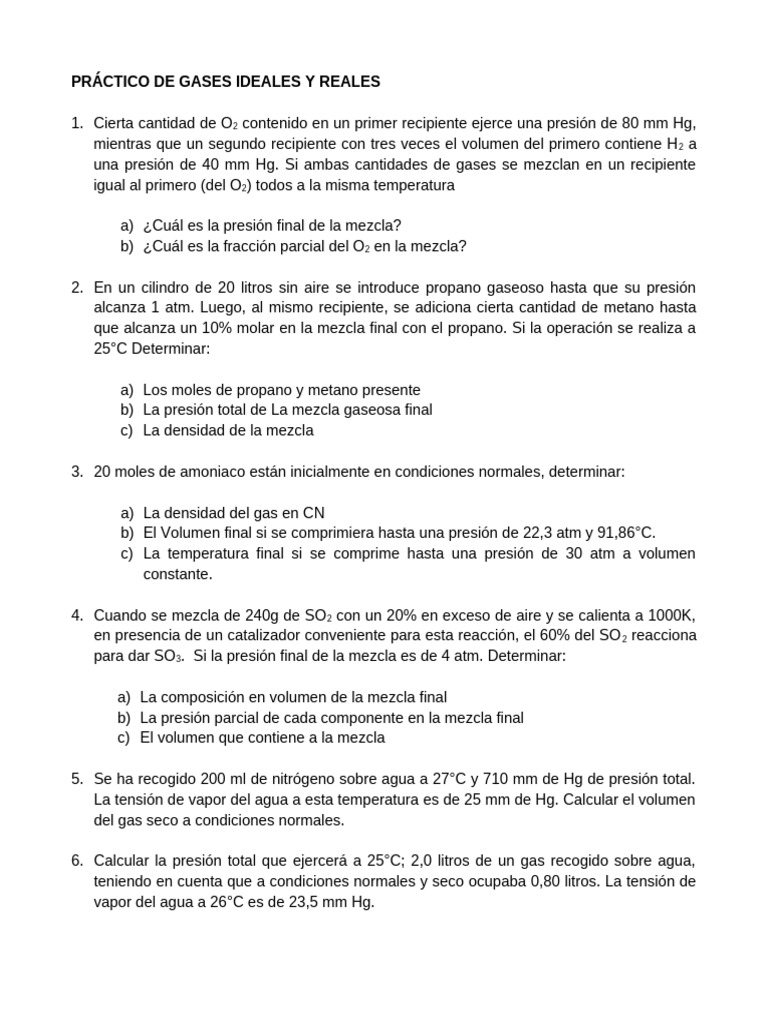 Ejercicios de Gases Ideales y Reales | PDF | Gases | Amoníaco