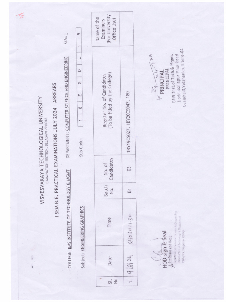 Engineering Graphics VTU EXAM TIME Table PDF