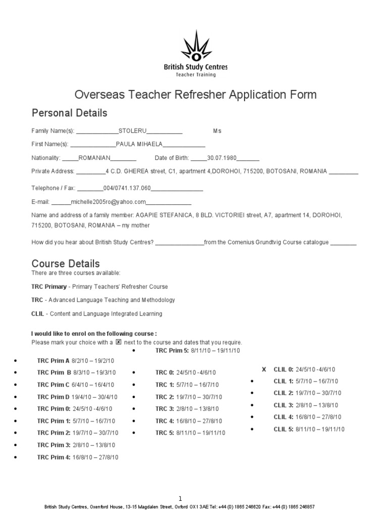 Overseas Teacher Refresher Application Form | PDF | Cognition | Further ...