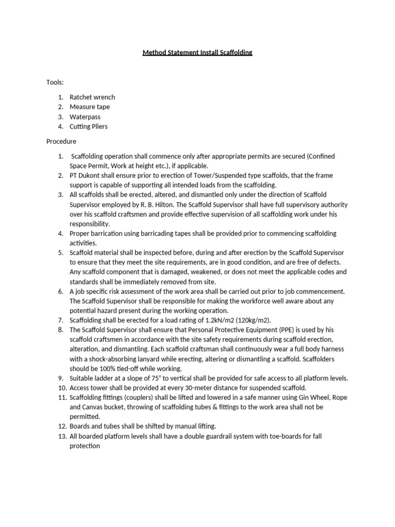 Scaffolding Installation Method Statement | PDF | Scaffolding | Safety