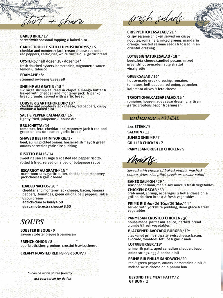 Lot 88 Steakhouse Menu Overview | PDF | Hamburgers | Salad